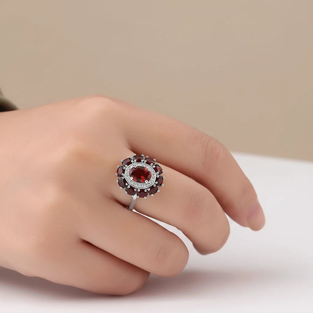 Natural Garnet Halo Ring in Sterling Silver