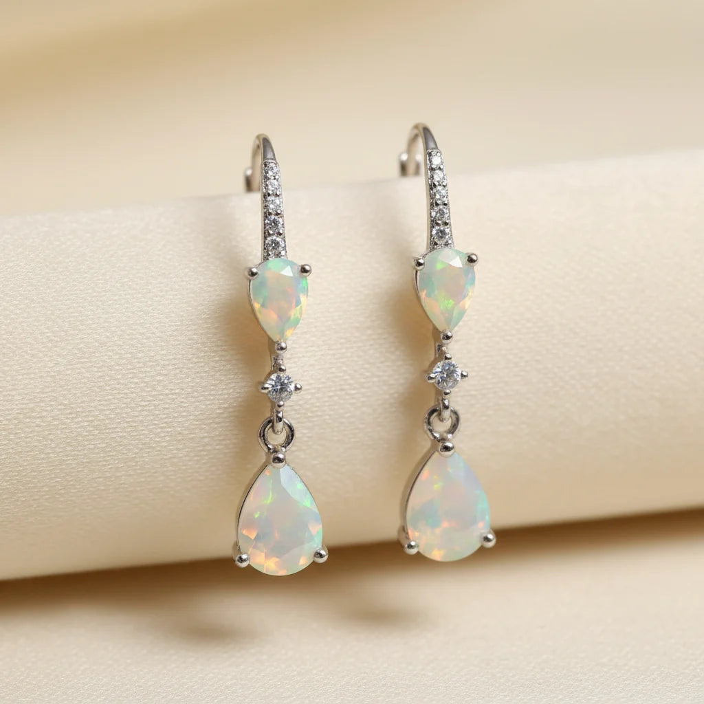 Natural Opal Drop Earrings in Sterling Silver