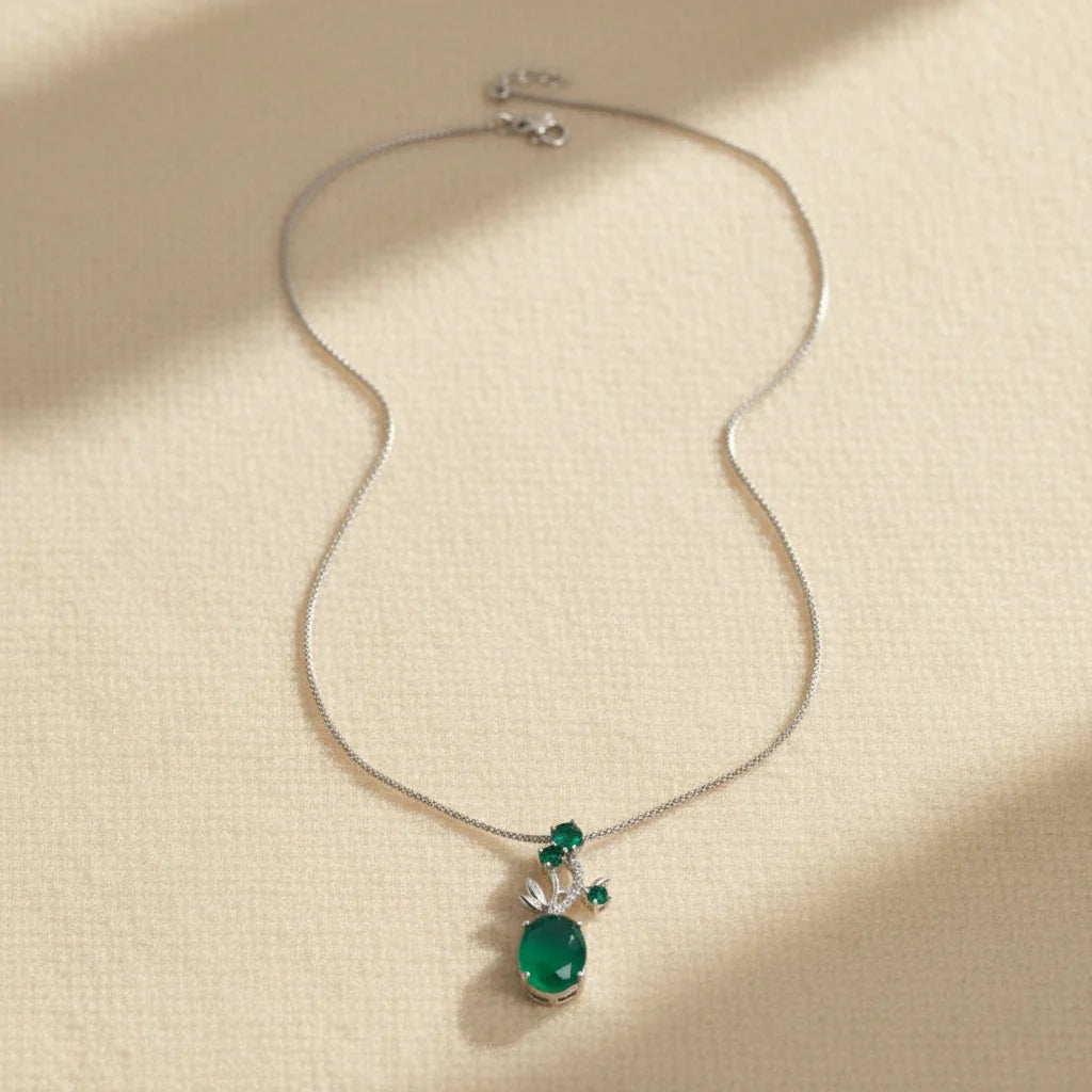 Natural Green Agate Pendant Necklace in Sterling Silver