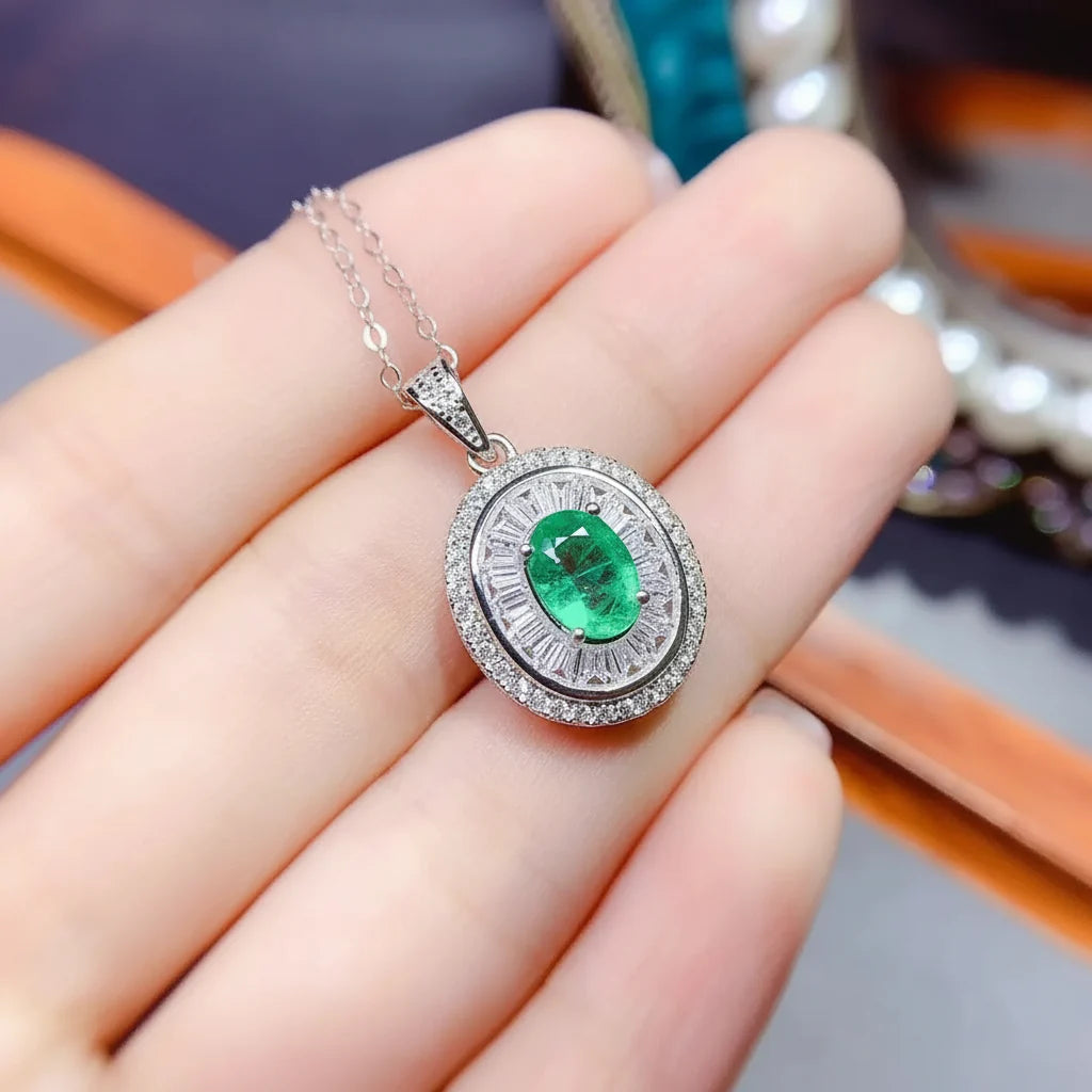 Natural Emerald Halo Pendant Necklace in Sterling Silver