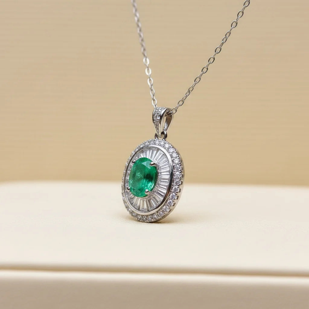 Natural Emerald Halo Pendant Necklace in Sterling Silver