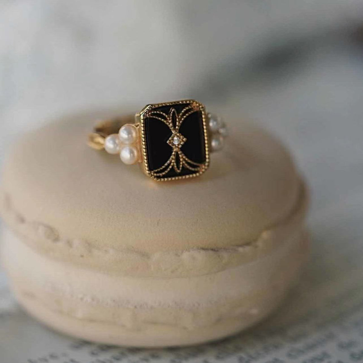 Black Enamel & Pearl Gold Ring