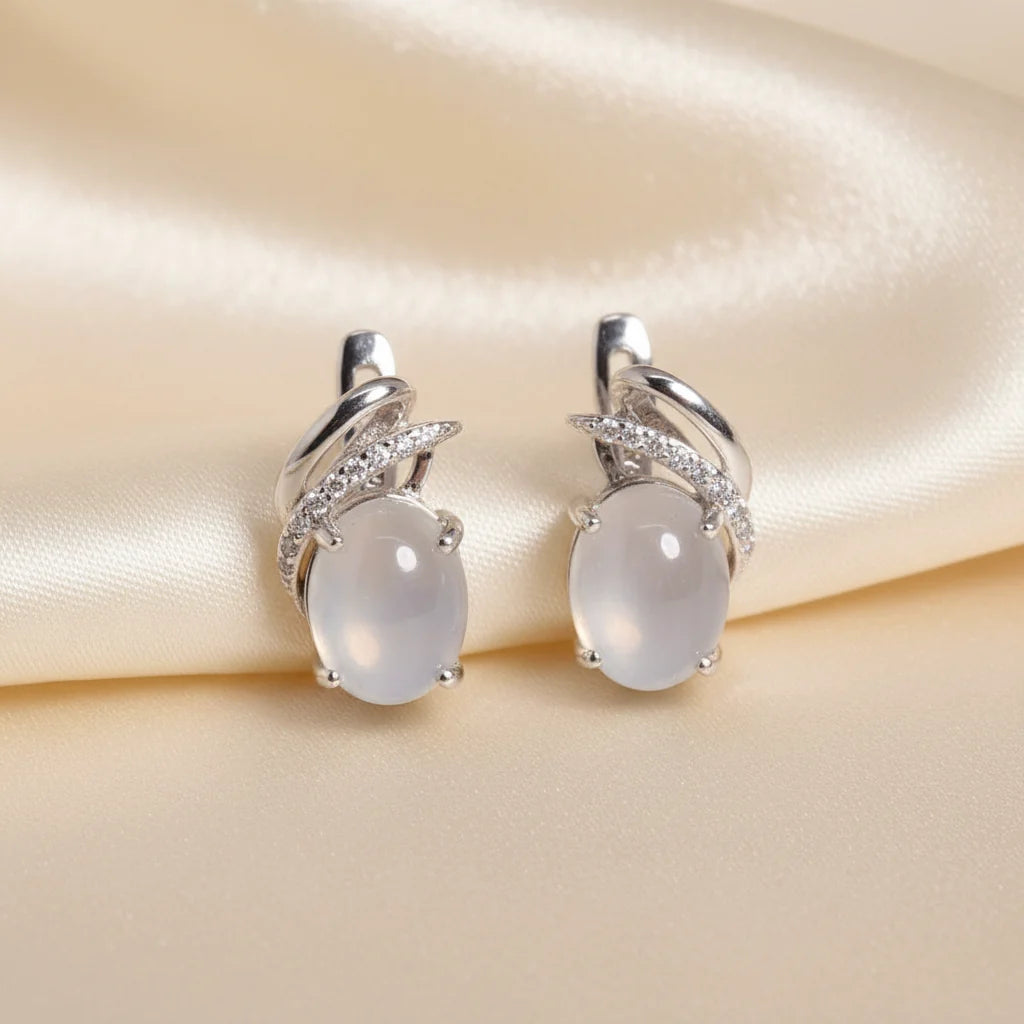 Natural White Moonstone Huggie Earrings in Sterling Silver
