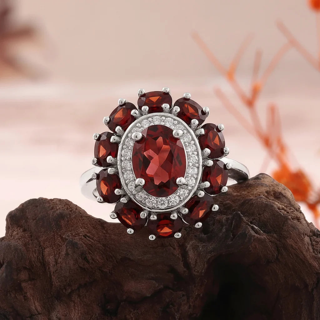 Natural Garnet Halo Ring in Sterling Silver