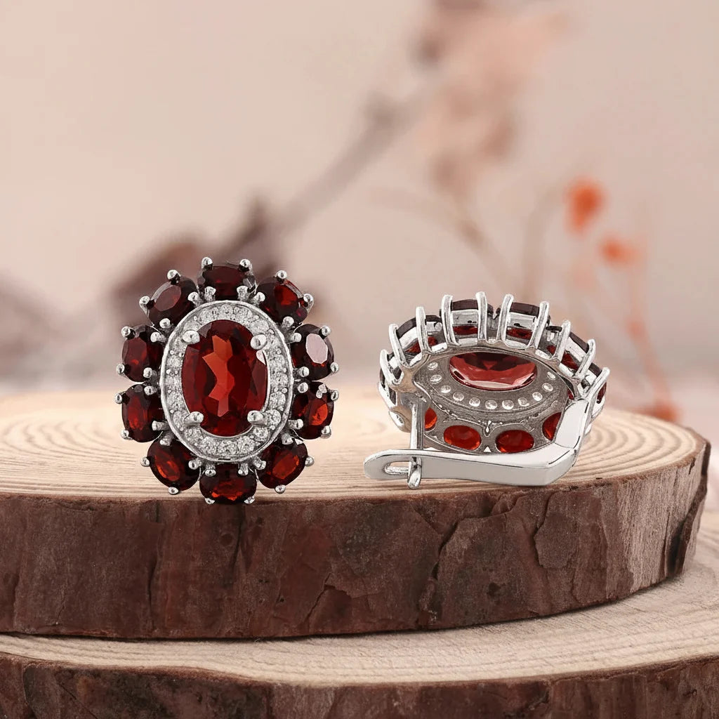Natural Garnet Cluster Earrings in Sterling Silver