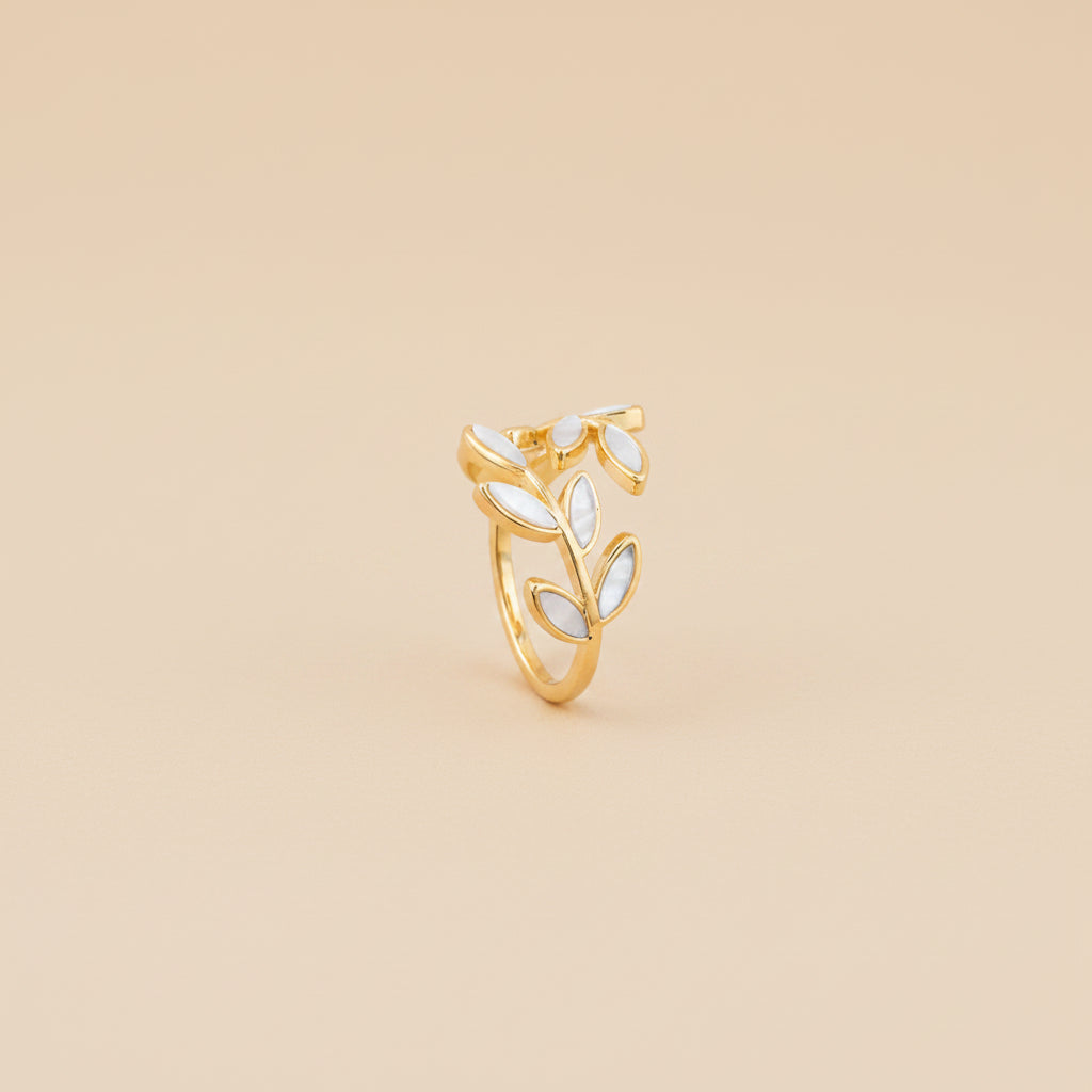 White Opal Leaf Adjustable Ring in Gold