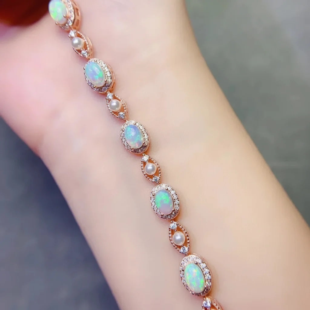 Natural Opal Charm Bracelet  in Sterling Silver