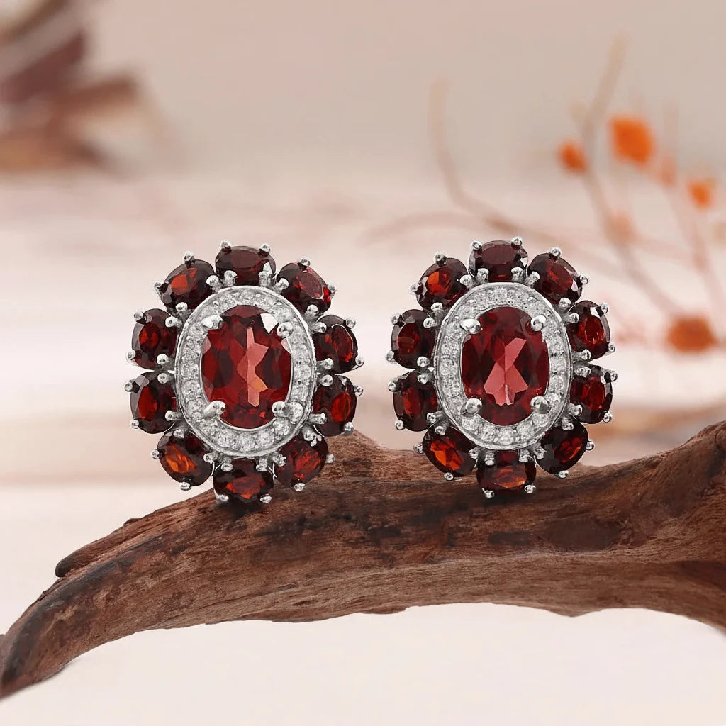Natural Garnet Cluster Earrings in Sterling Silver