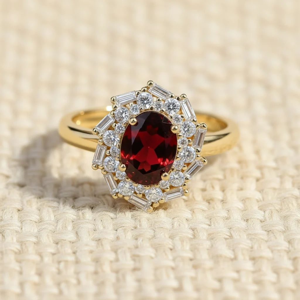 Natural Garnet Vintage Starburst Ring in Sterling Silver