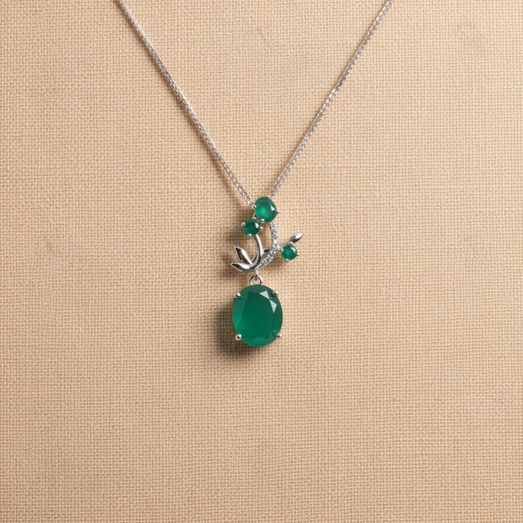 Natural Green Agate Pendant Necklace in Sterling Silver