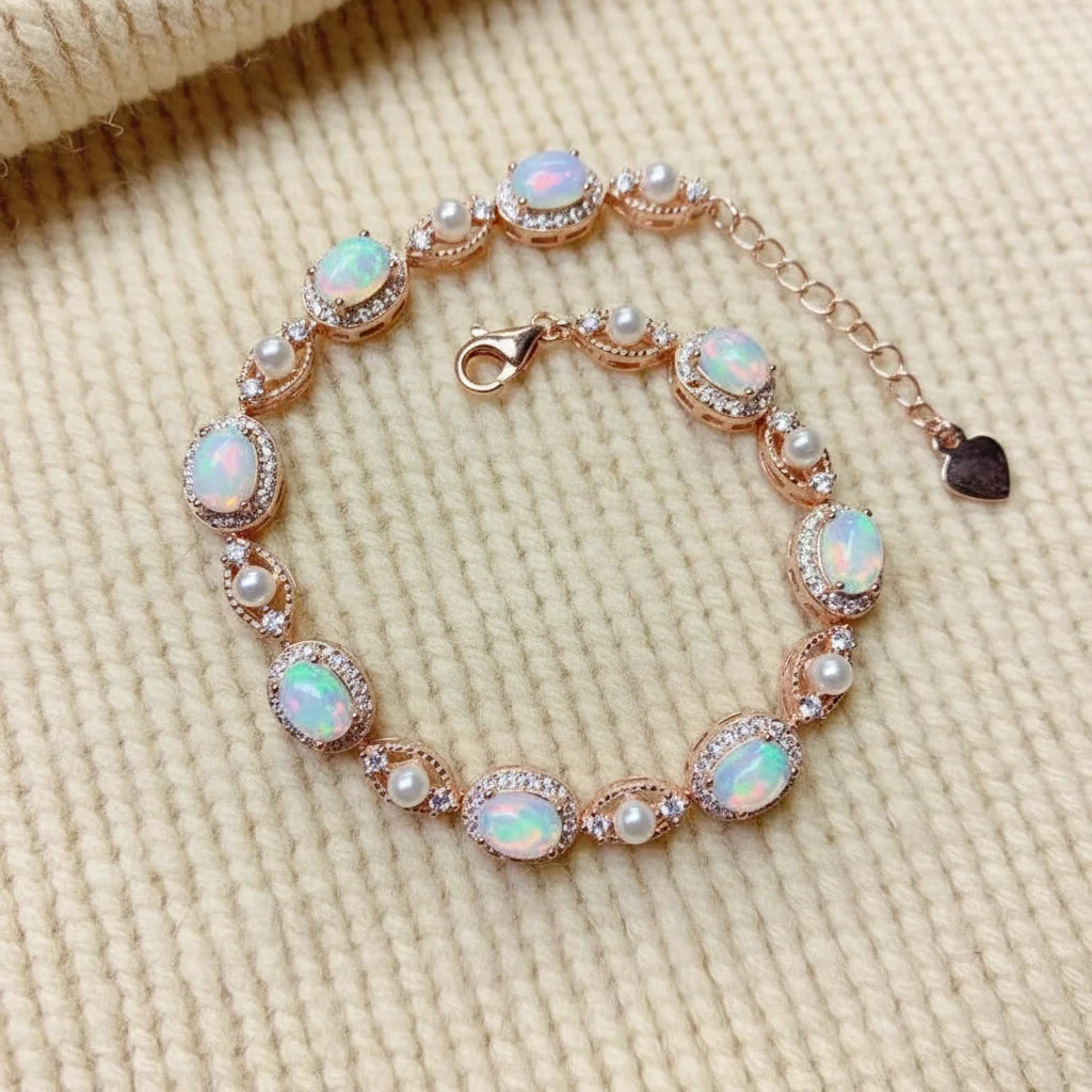 Natural Opal Charm Bracelet  in Sterling Silver