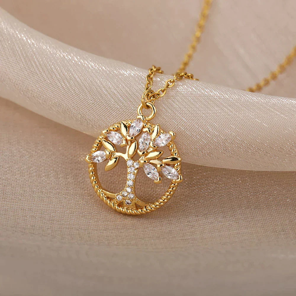 Tree of Life Zirconia Necklace in Gold