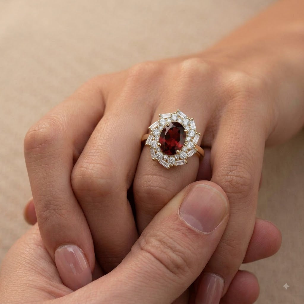 Natural Garnet Vintage Starburst Ring in Sterling Silver
