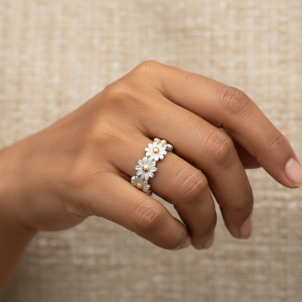 Adjustable Daisy Ring in Silver & Enamel