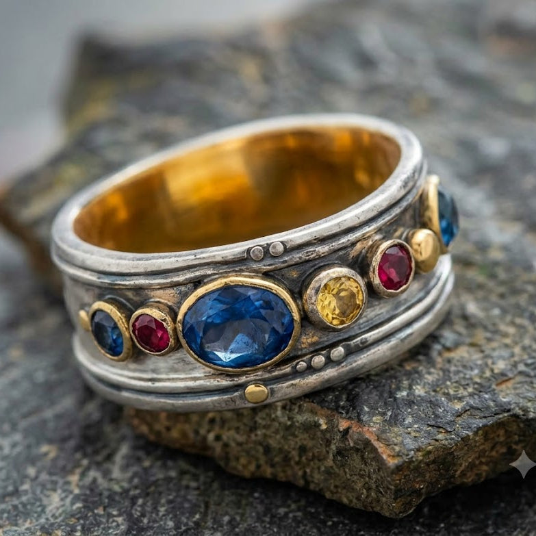 Silver Multicolor Stones Ring