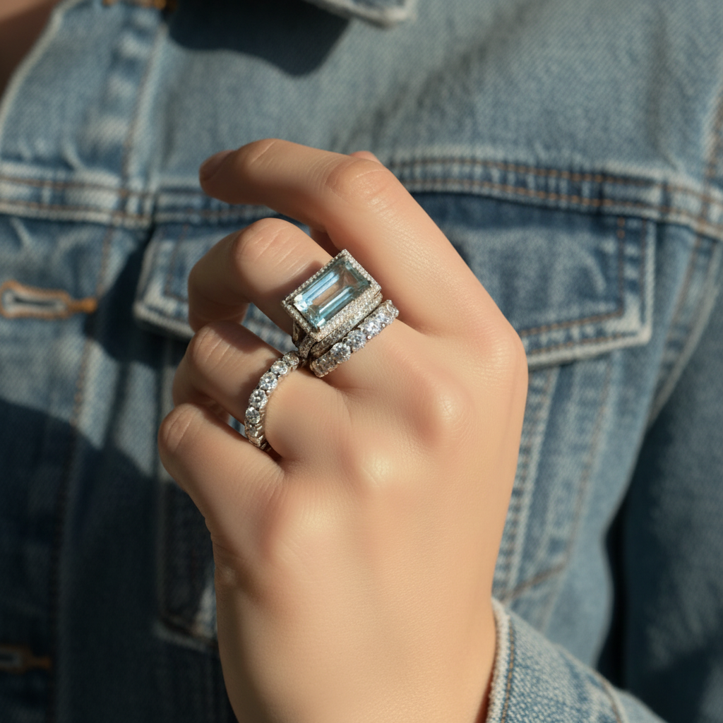Vintage Silver Blue Crystal Ring Set