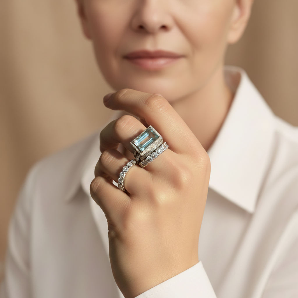 Vintage Silver Blue Crystal Ring Set