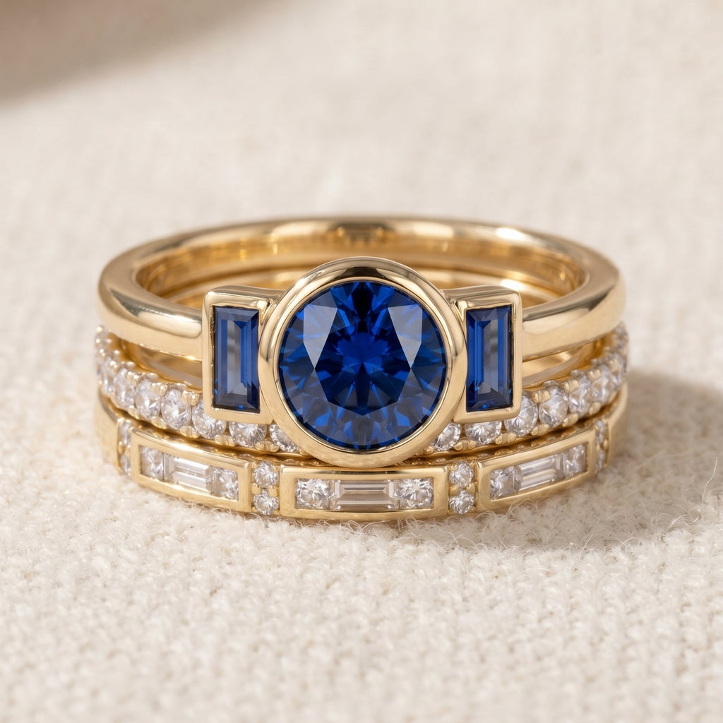 By Sophi Vintage Elegant Blue Zirconia Ring Set flat-lay on warm cream

