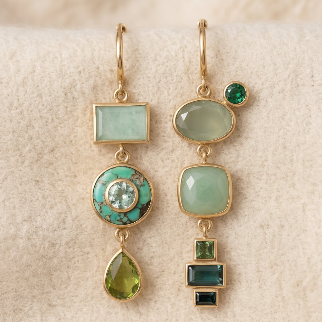 By Sophi Vintage Green Dangling Earrings flat-lay on warm cream