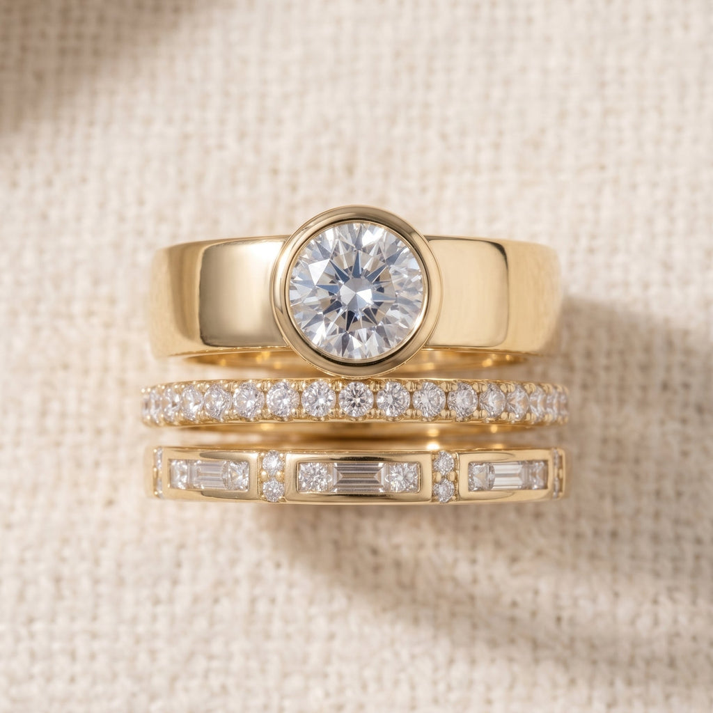 By Sophi Vintage Bright Ring Set 3-ring stack flat-lay on warm cream