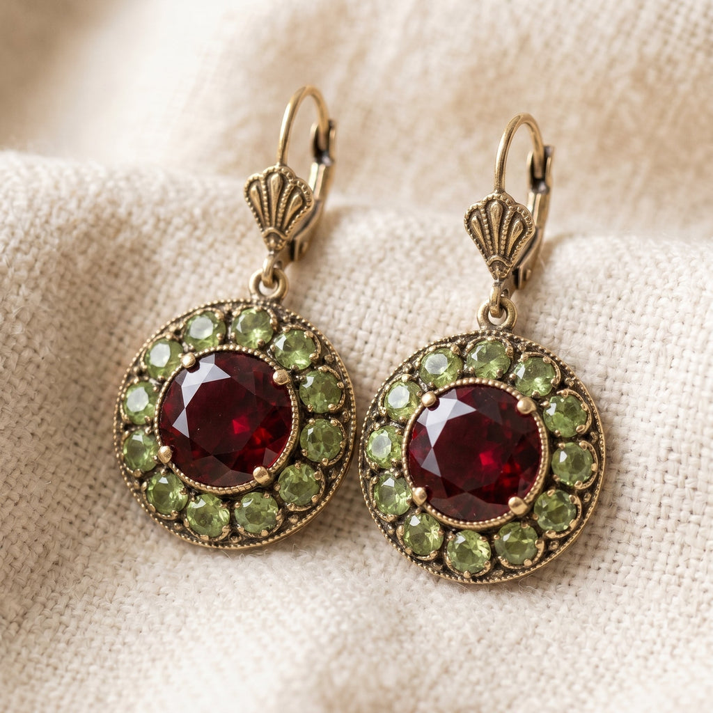 By Sophi Vintage Rounded Green and Red Crystal Earrings flat-lay on warm cream