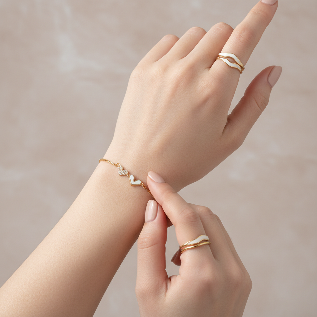 White Enamel & Gold Heart Bracelet
