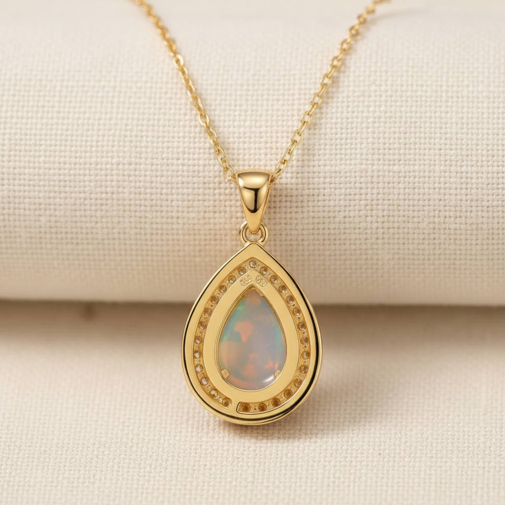 Natural Ethiopian Opal Pendant Necklace in Gold-Plated Sterling Silver