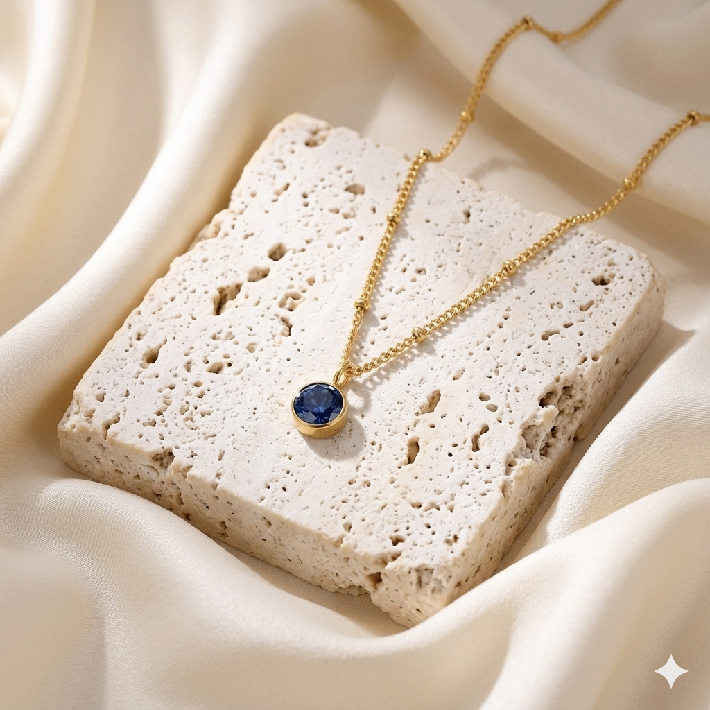 Gold necklace with a blue pendant on a textured stone surface
