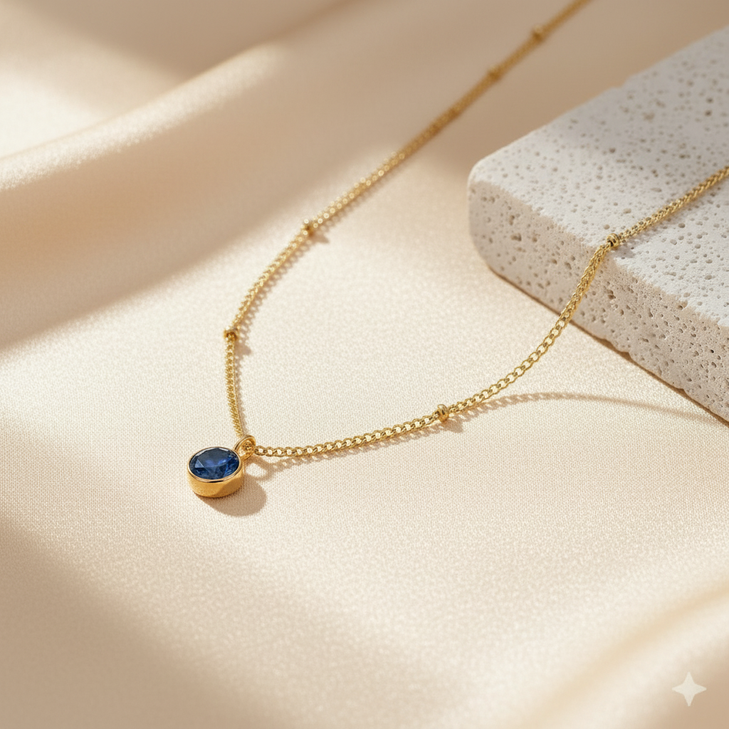 Gold necklace with a blue gemstone pendant on a light background