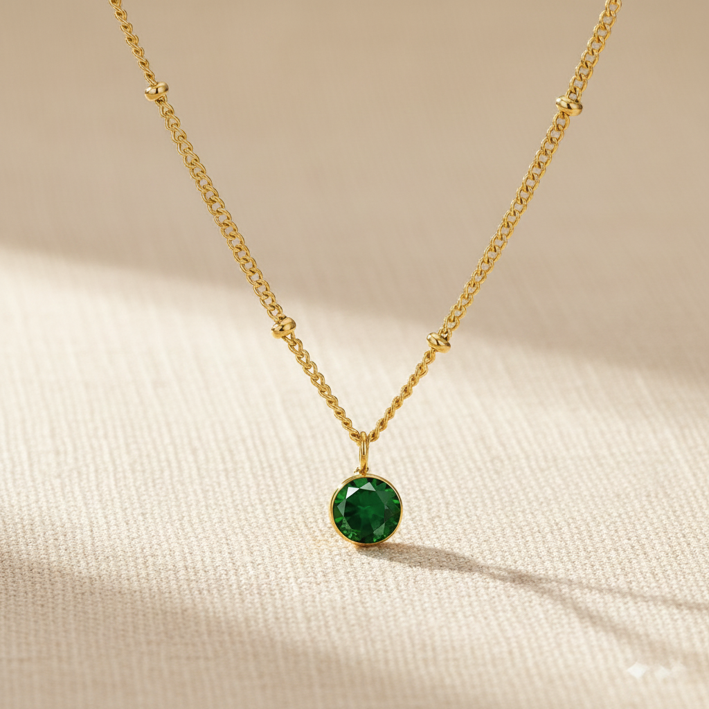 Emerald birthstone pendant necklace in gold-toned chain. By Sophi.