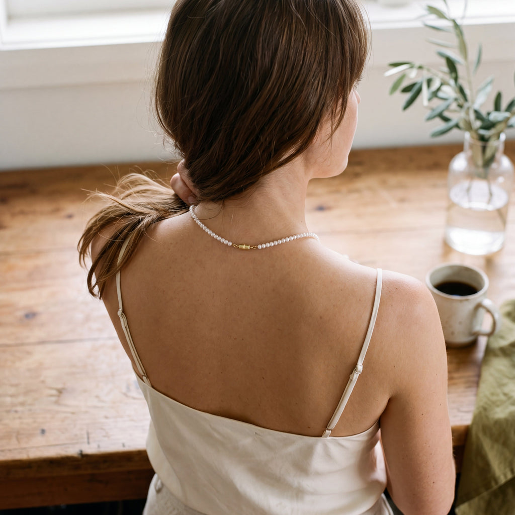 Pearl Birthstone Necklace, back of neck, morning at a wood table
