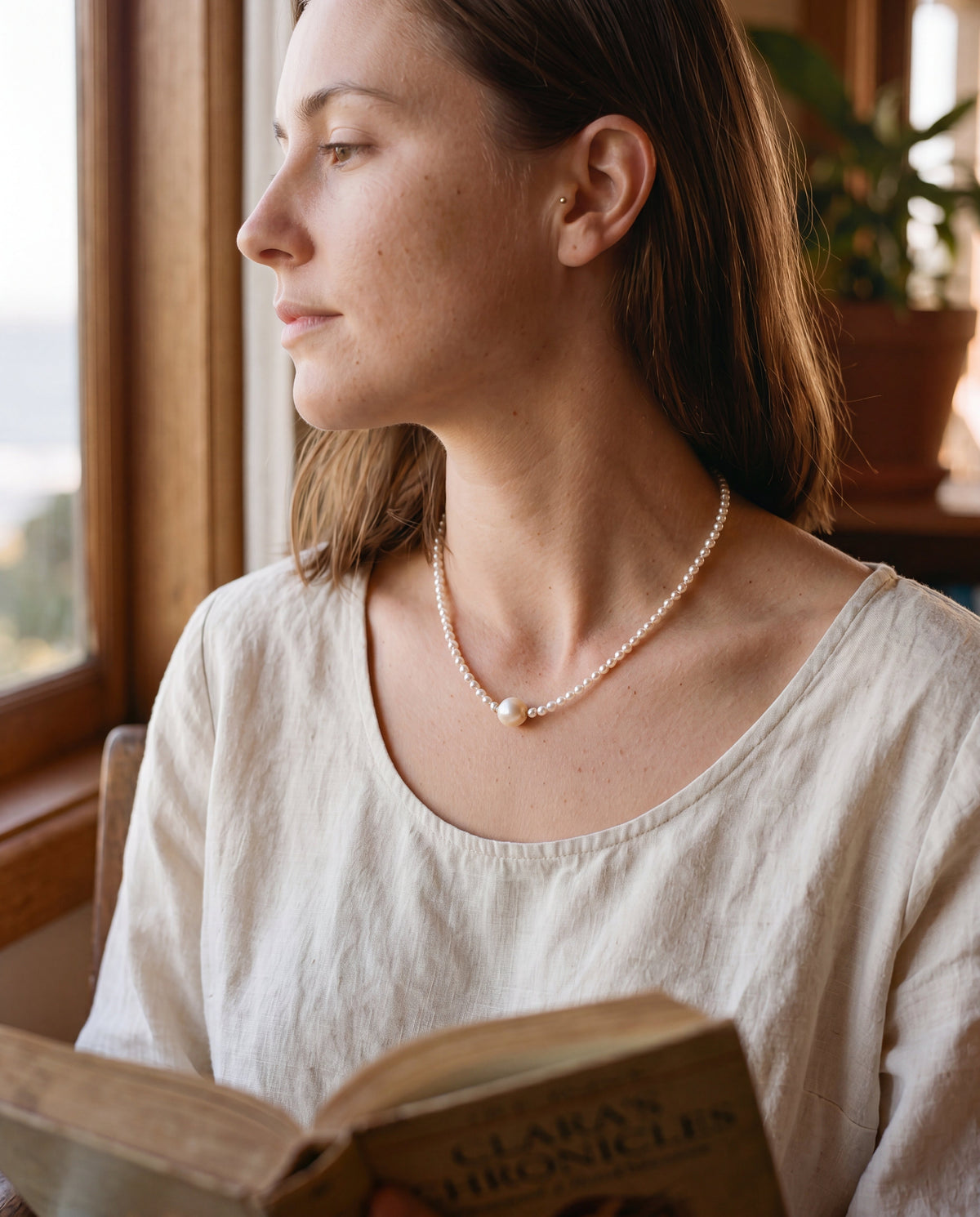 Pearl Birthstone Necklace, styled with cream linen, worn quietly