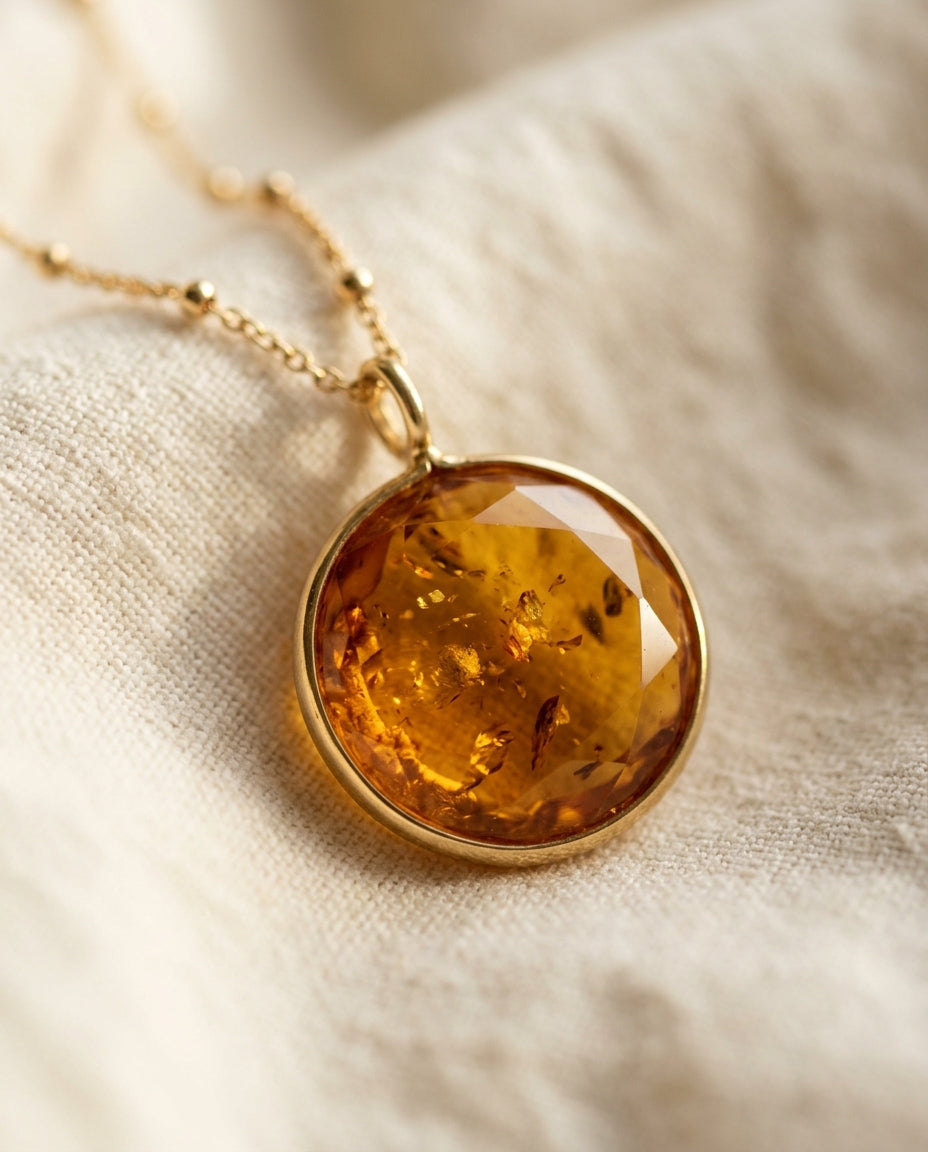 Personalized Amber Birthstone Pendant Necklace detail, stone close-up