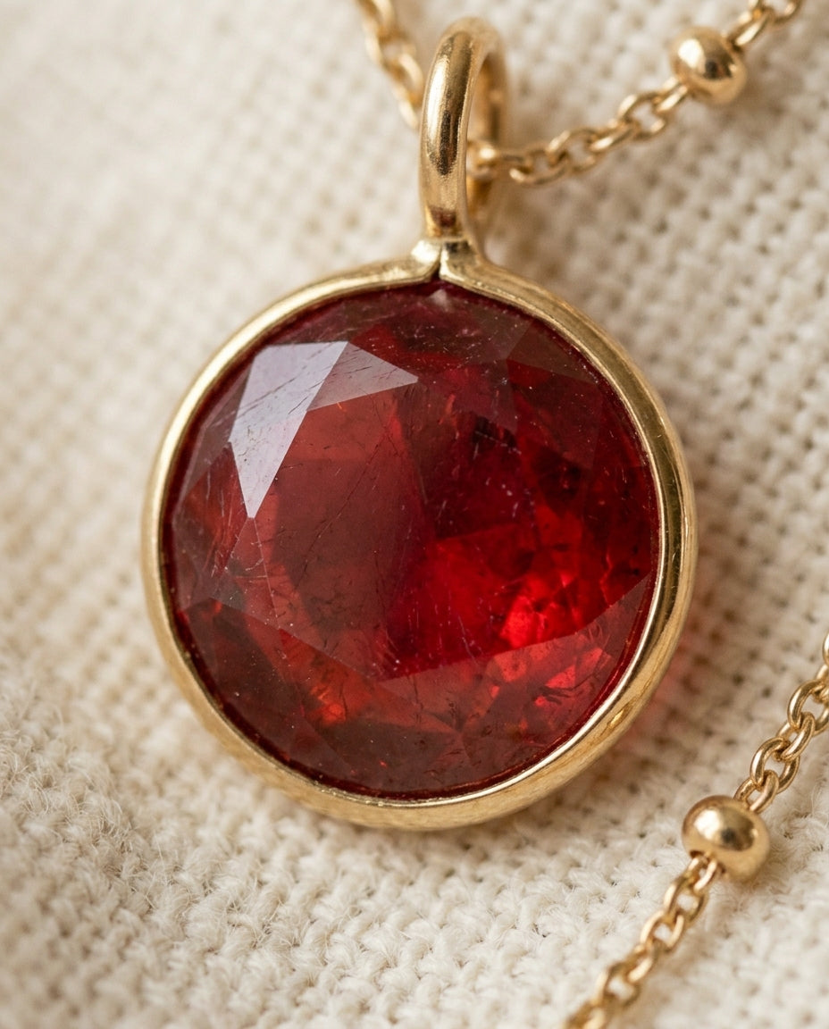 Personalized Ruby Birthstone Pendant Necklace detail, stone close-up