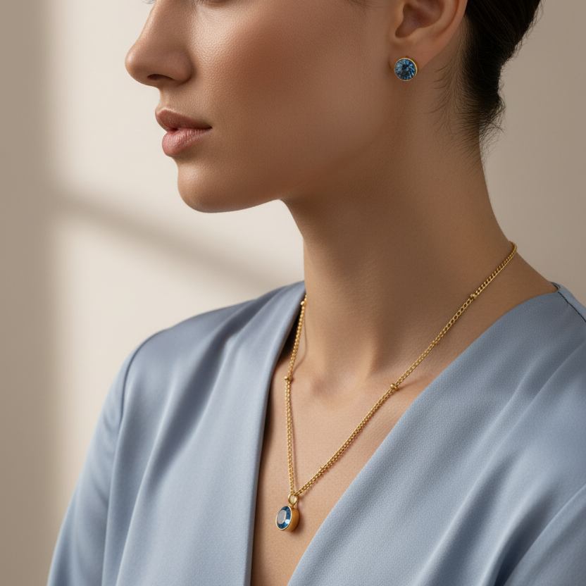 Woman wearing a gold necklace and blue earrings against a neutral background