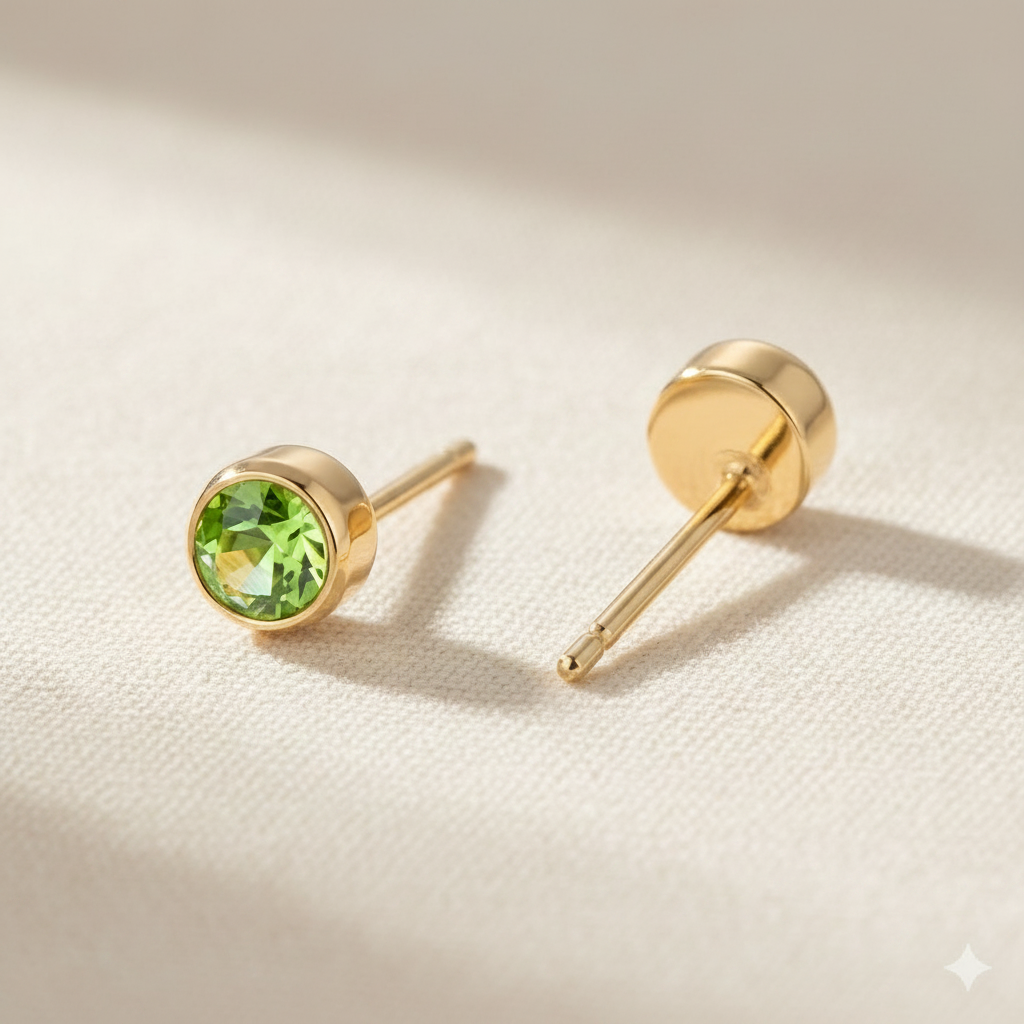 Peridot birthstone stud earrings in gold-toned bezel. By Sophi.