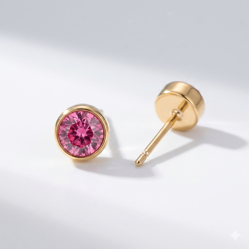 Pink sapphire birthstone stud earrings in gold-toned bezel. By Sophi.