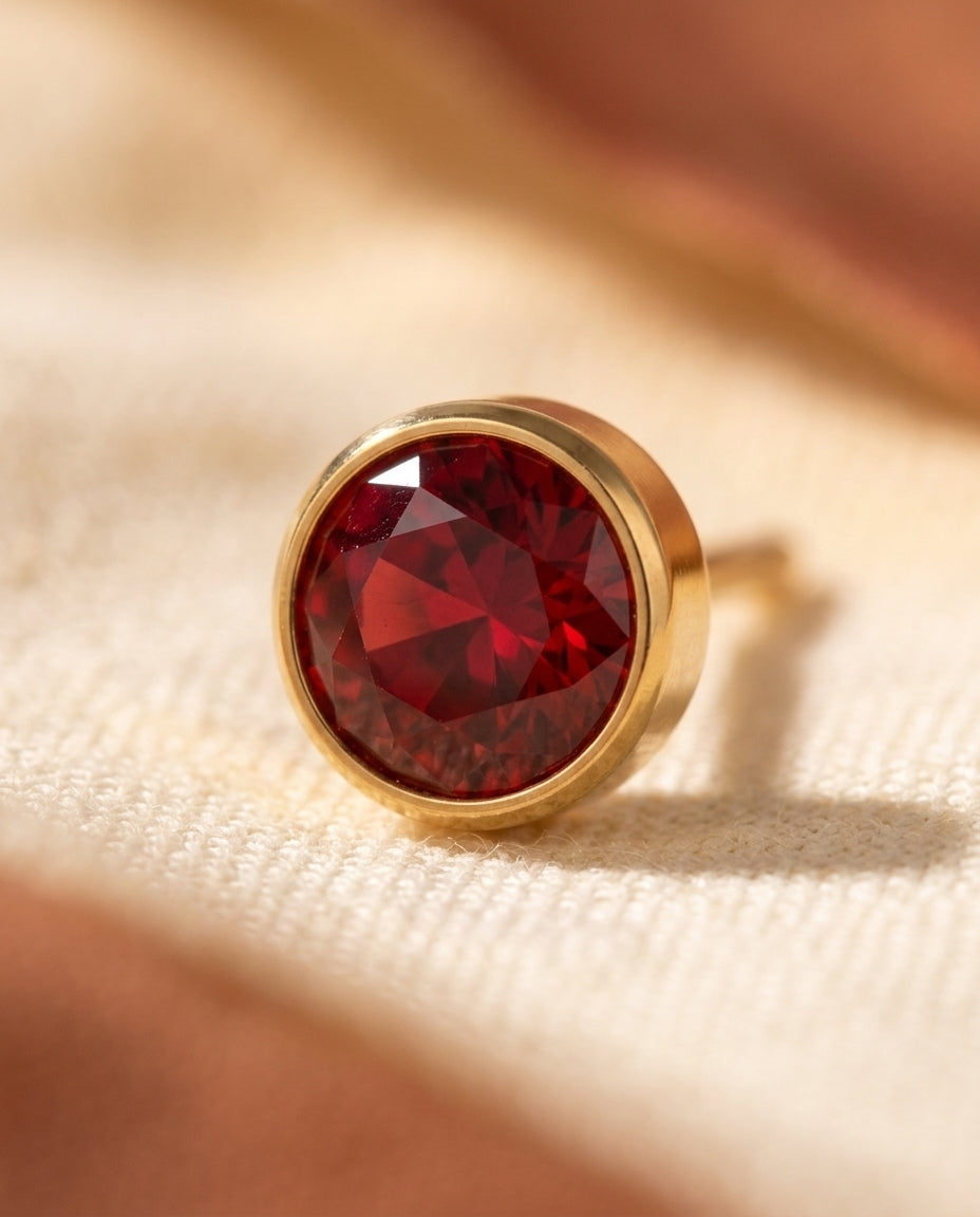 Ruby Birthstone Studs detail, stone close-up