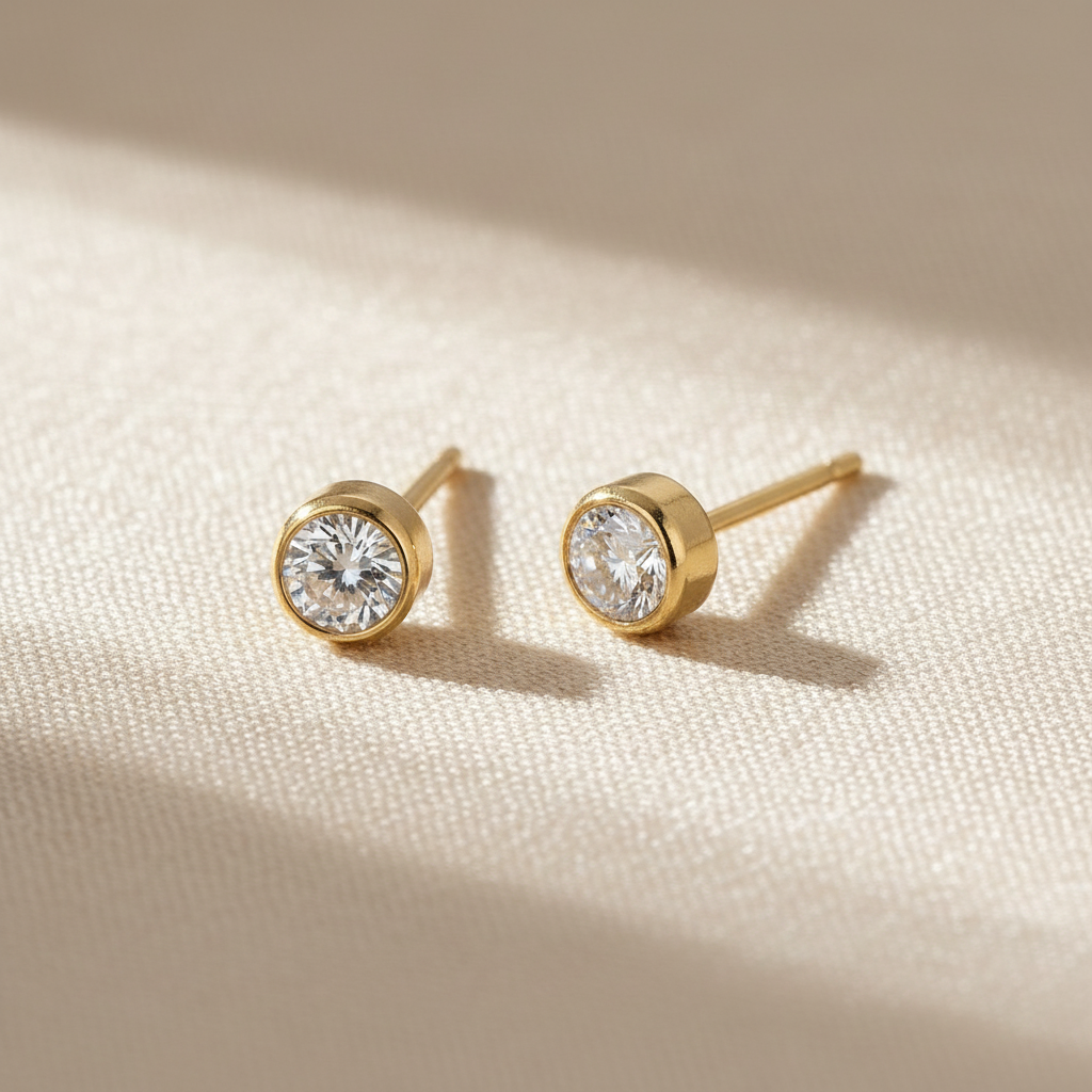 White topaz birthstone stud earrings in gold-toned bezel setting. By Sophi.