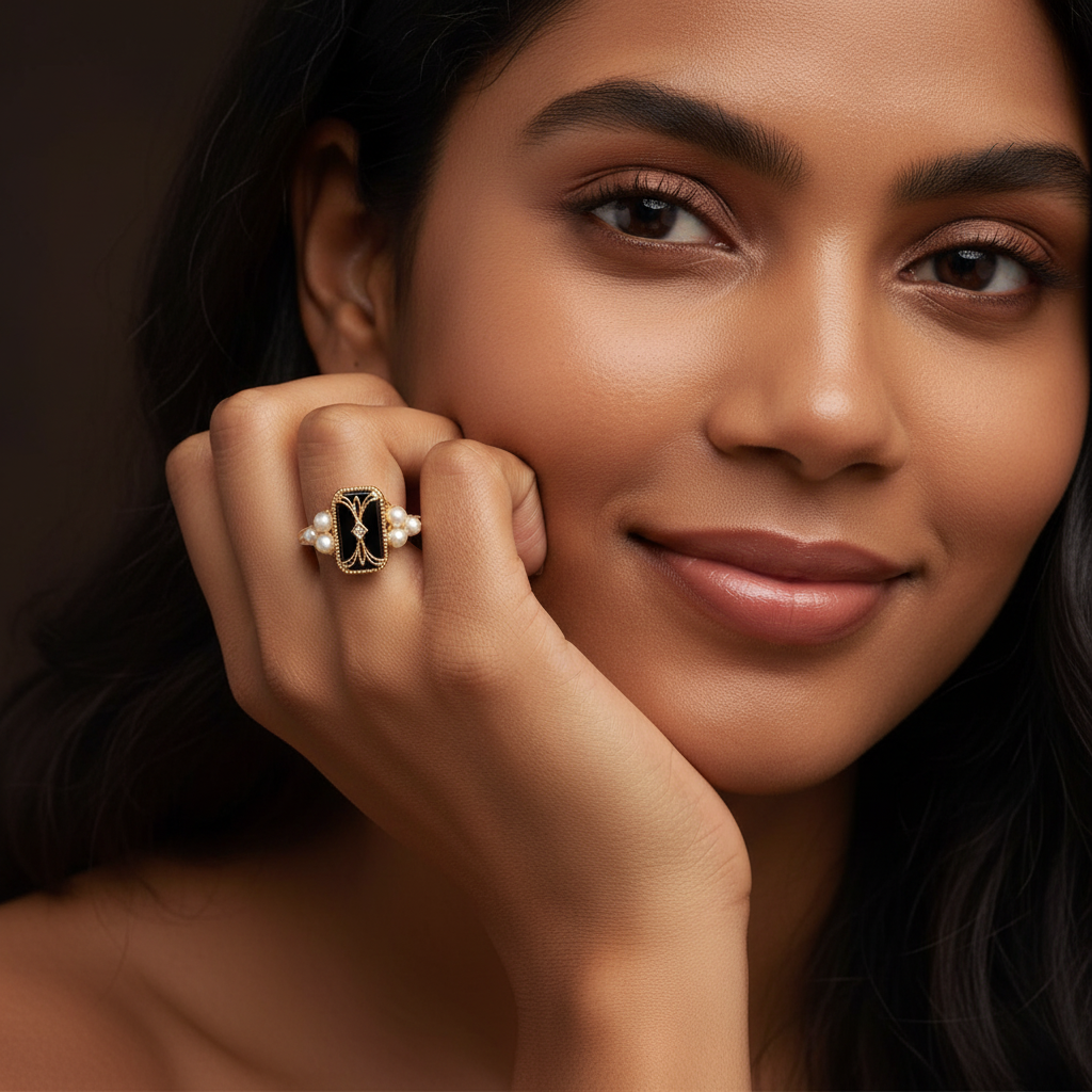Black Enamel & Pearl Gold Ring