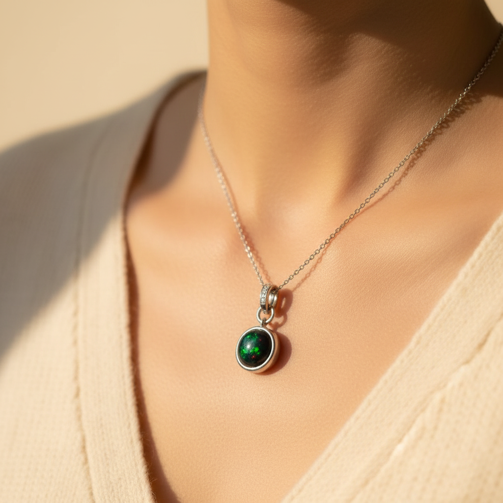Colorful Black Opal Necklace in Sterling Silver