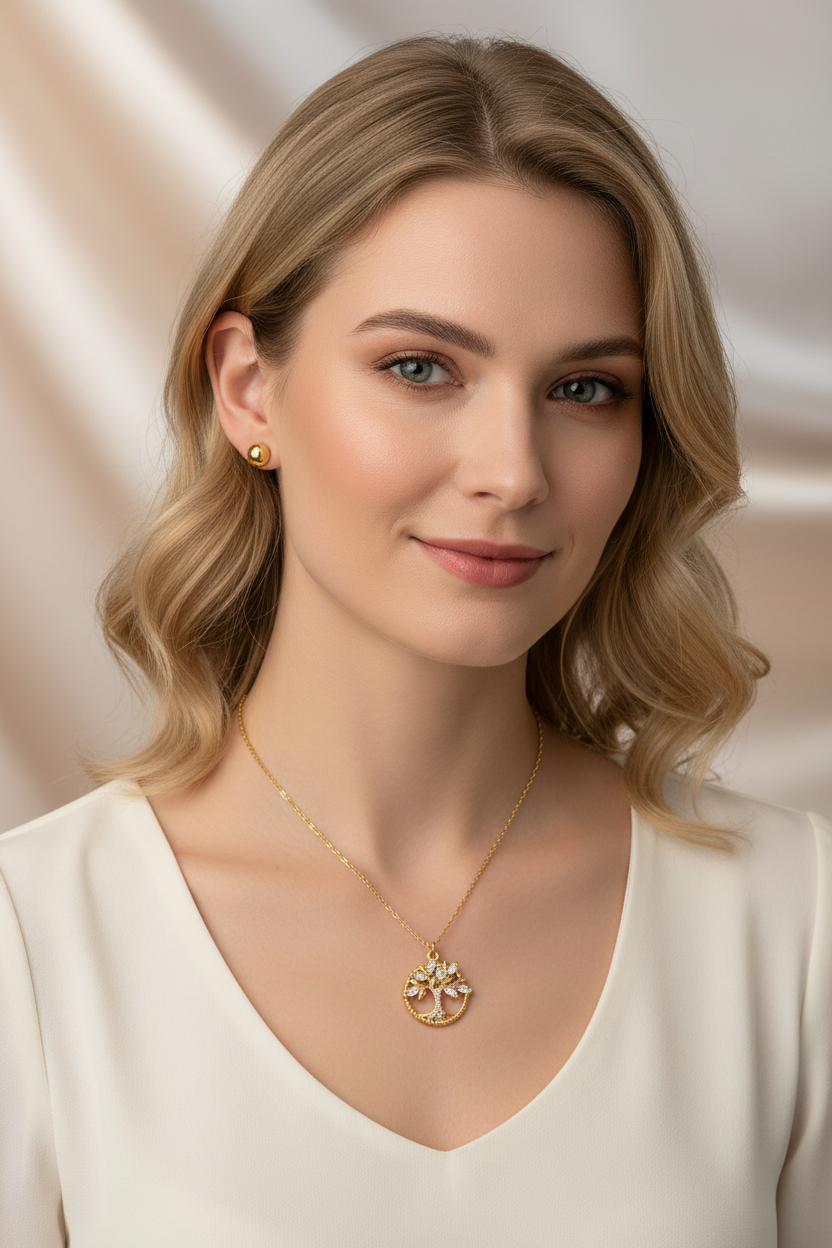 Tree of Life Zirconia Necklace in Gold