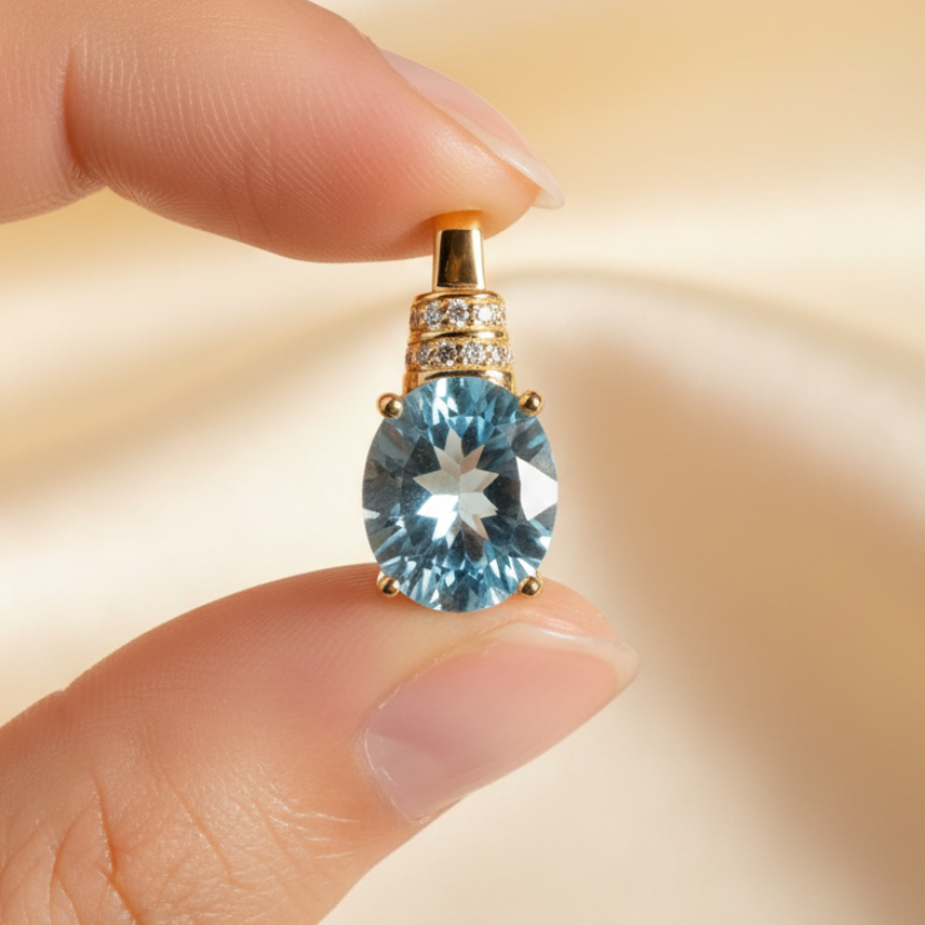 Natural Sky Blue Topaz Oval Pendant Necklace | in Sterling Silver