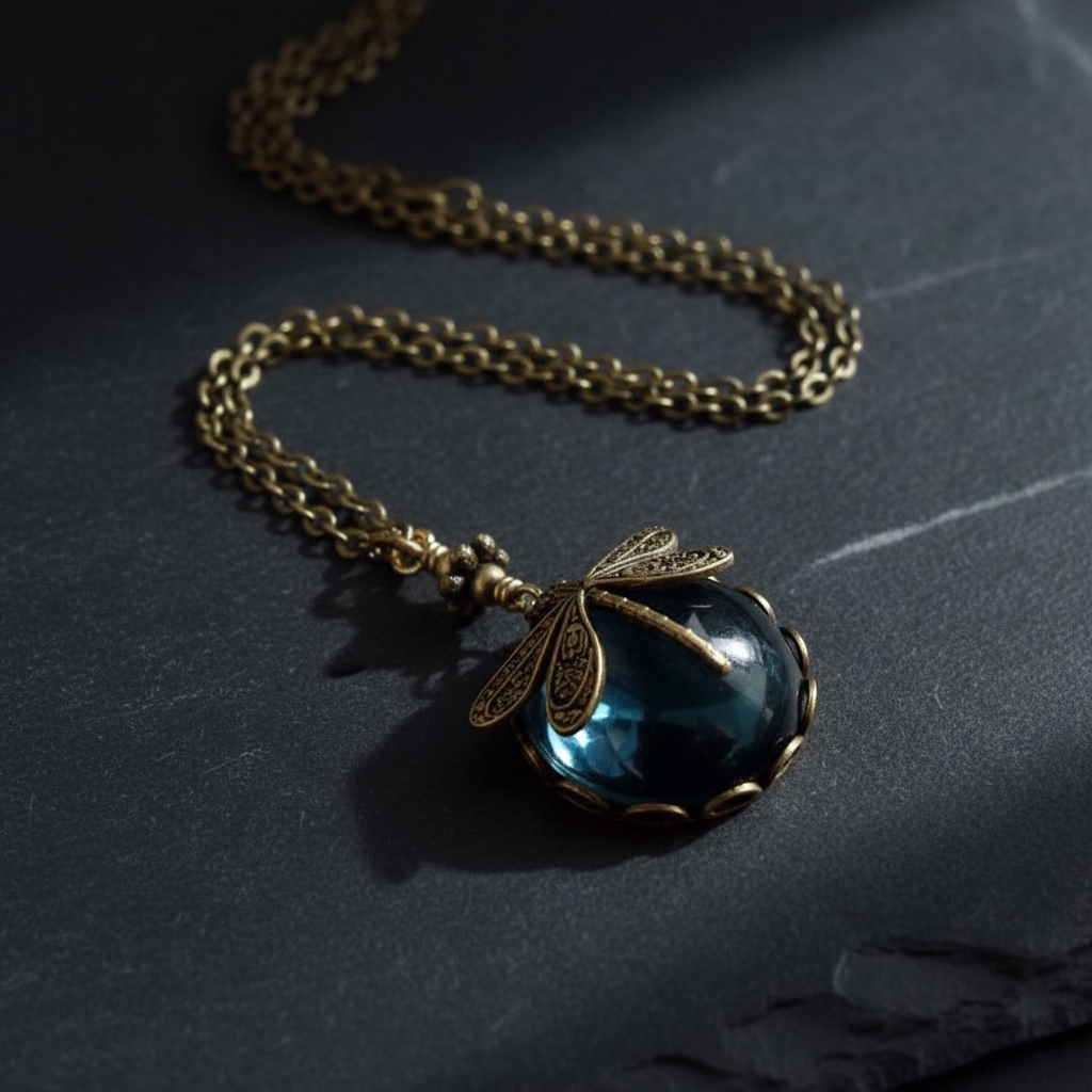 Blue Crystal Dragonfly Necklace in Antique Gold