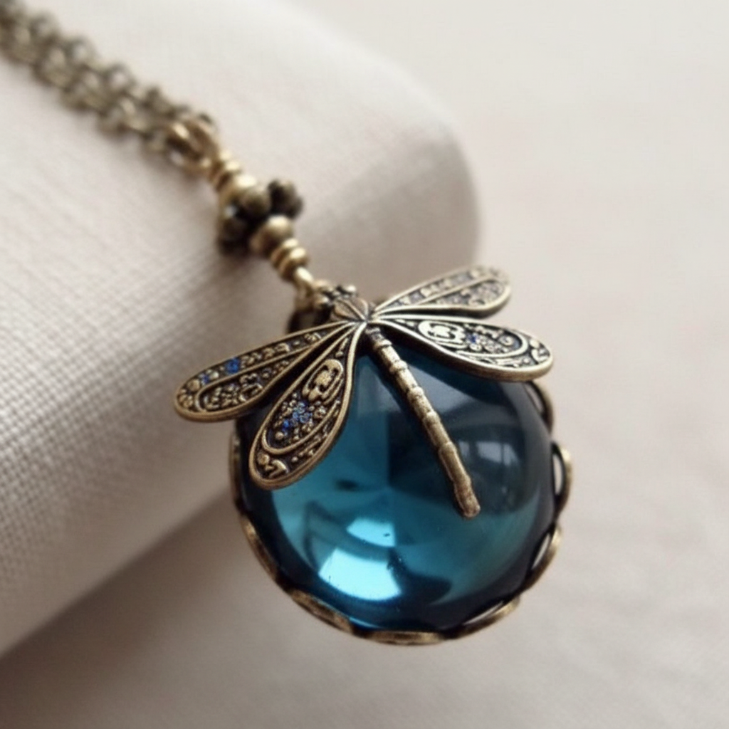 Blue Crystal Dragonfly Necklace in Antique Gold