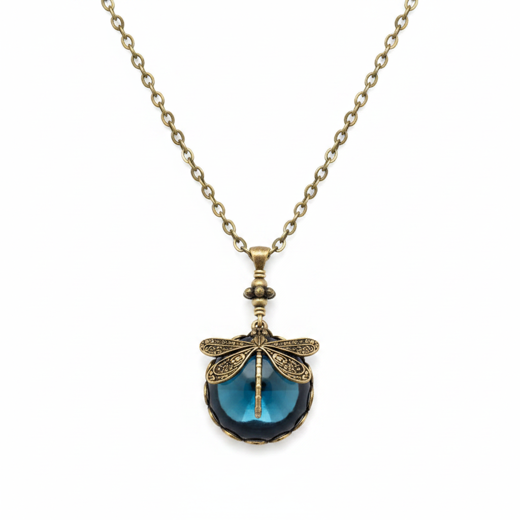 Blue Crystal Dragonfly Necklace in Antique Gold