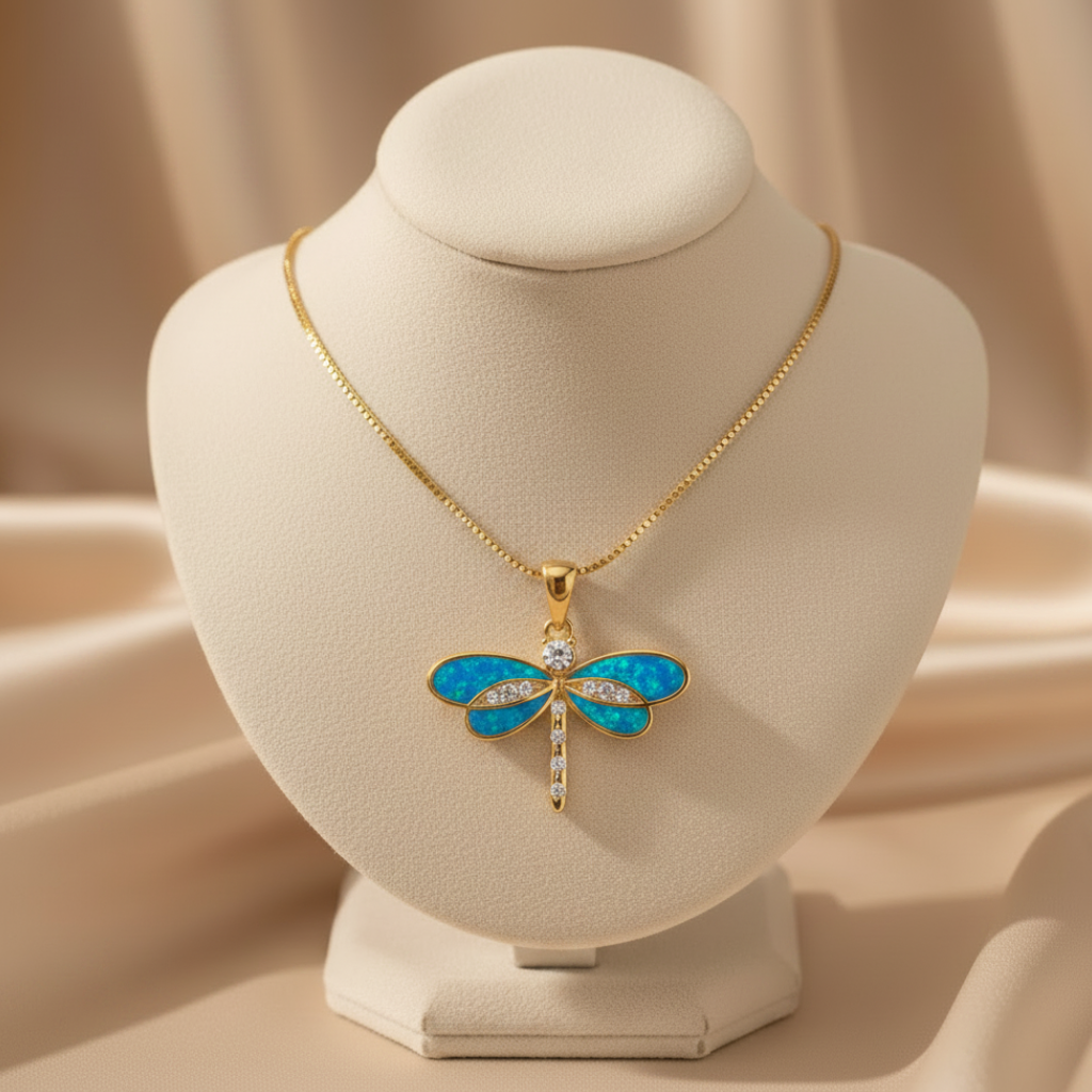 Dragonfly Necklace in Gold with Opal