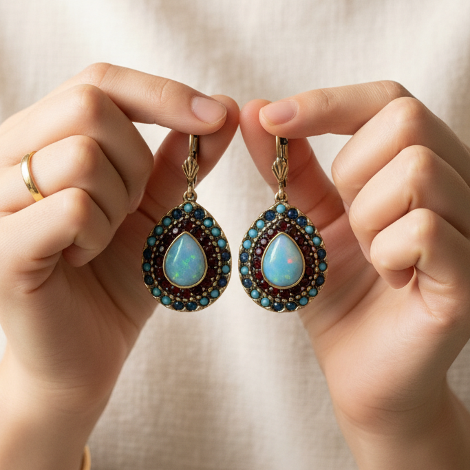 Blue Opal Mandala Drop Earrings in Antique Gold