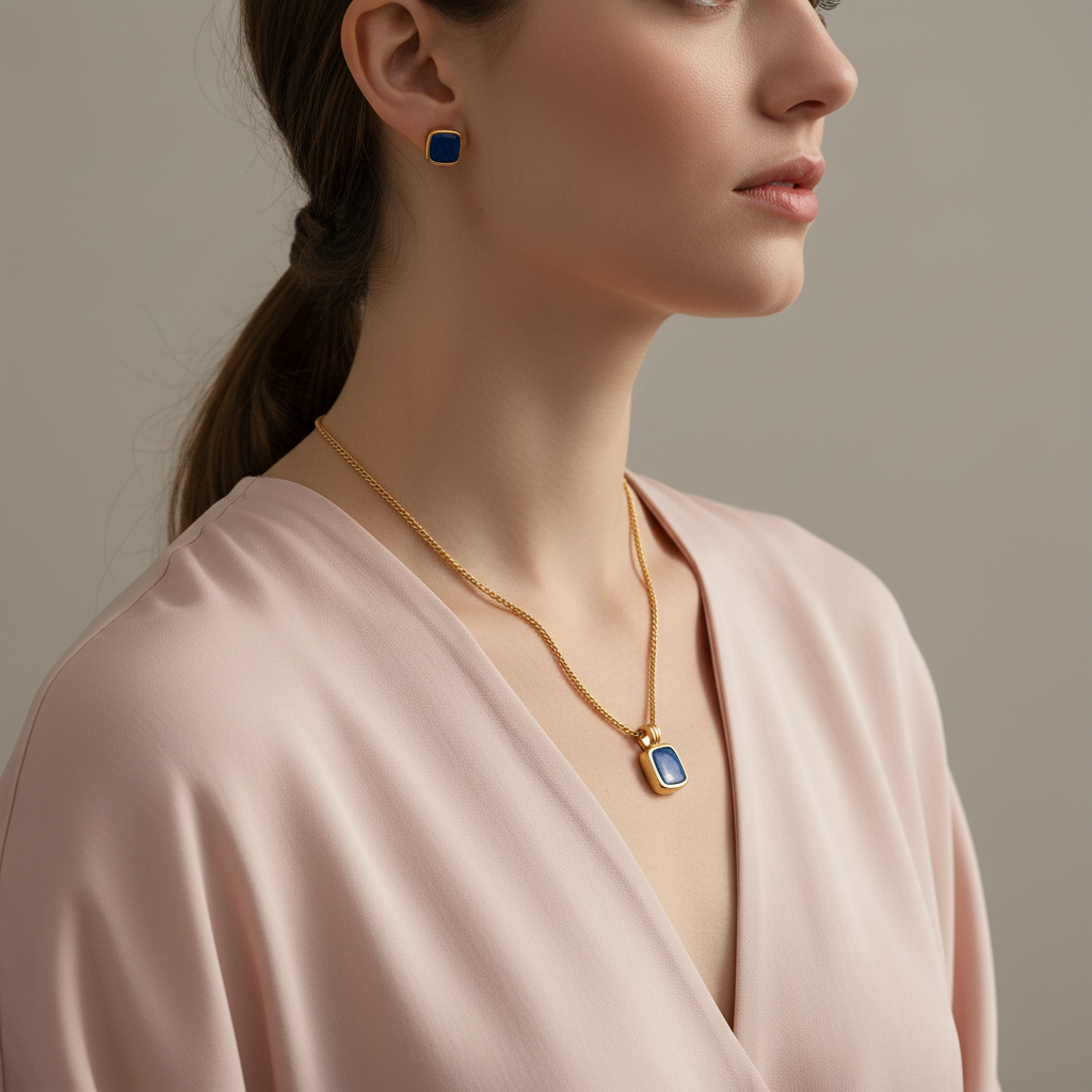 Blue Stone Pendant Necklace in Gold