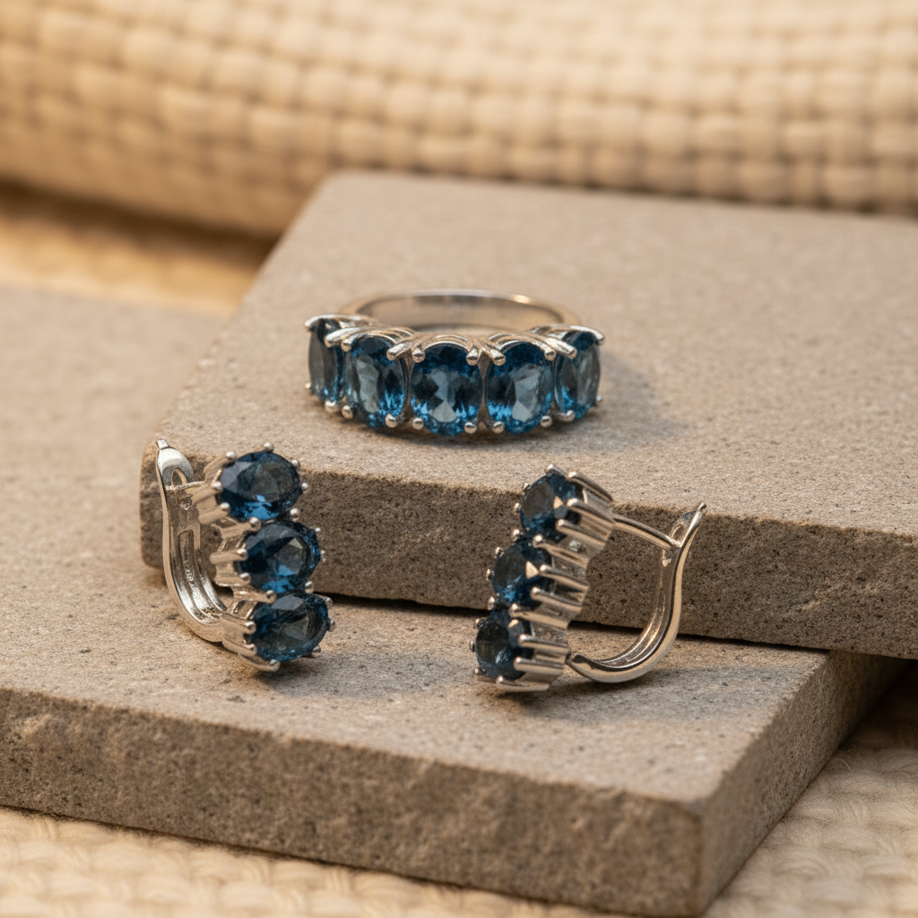 Natural London Blue Topaz Ring & Earring Set in Sterling Silver